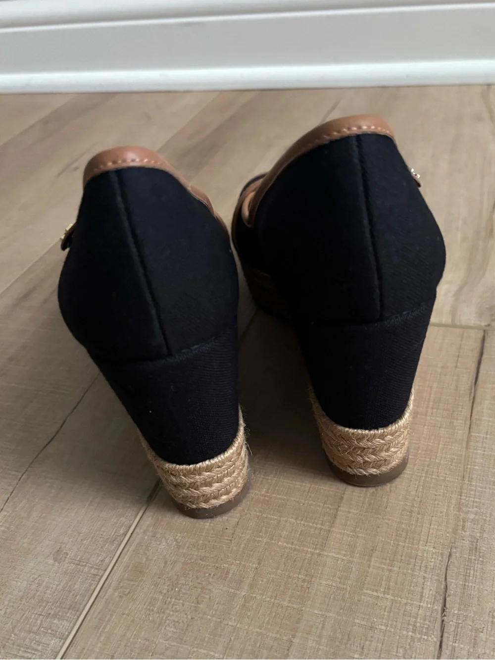 Tory Burch Majorca Black Canvas and Brown Leather Peep Toe Wedge Espadrille